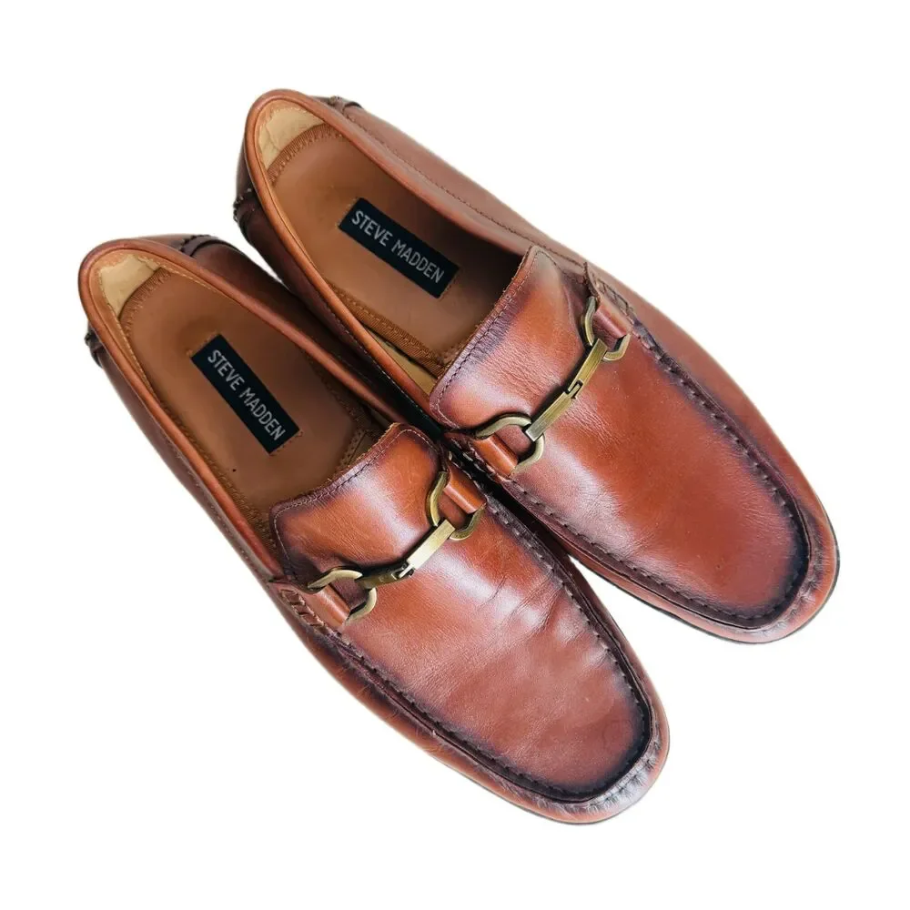 Steve Madden Kowan Driving Loafers Mens 11.5 Brown Leather Shoes Horse Bit Trim